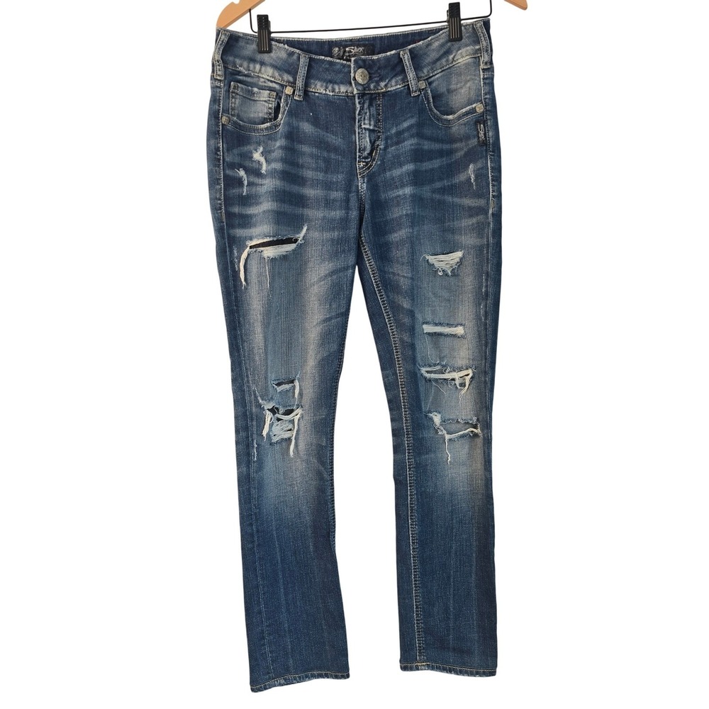 Silver Jeans Co Suki Mid Skinny Distressed Ripped‎ Denim Blue W30